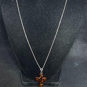 Vintage KC Sterling Silver Box Chain Necklace With Bakelite Cross Pendant (4254)